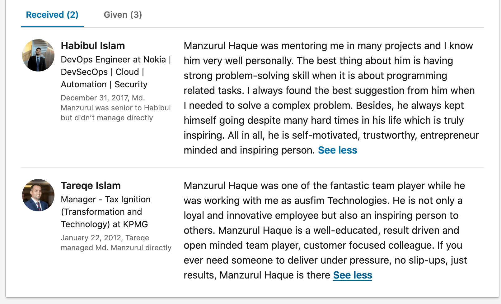 Received review from linked connections
